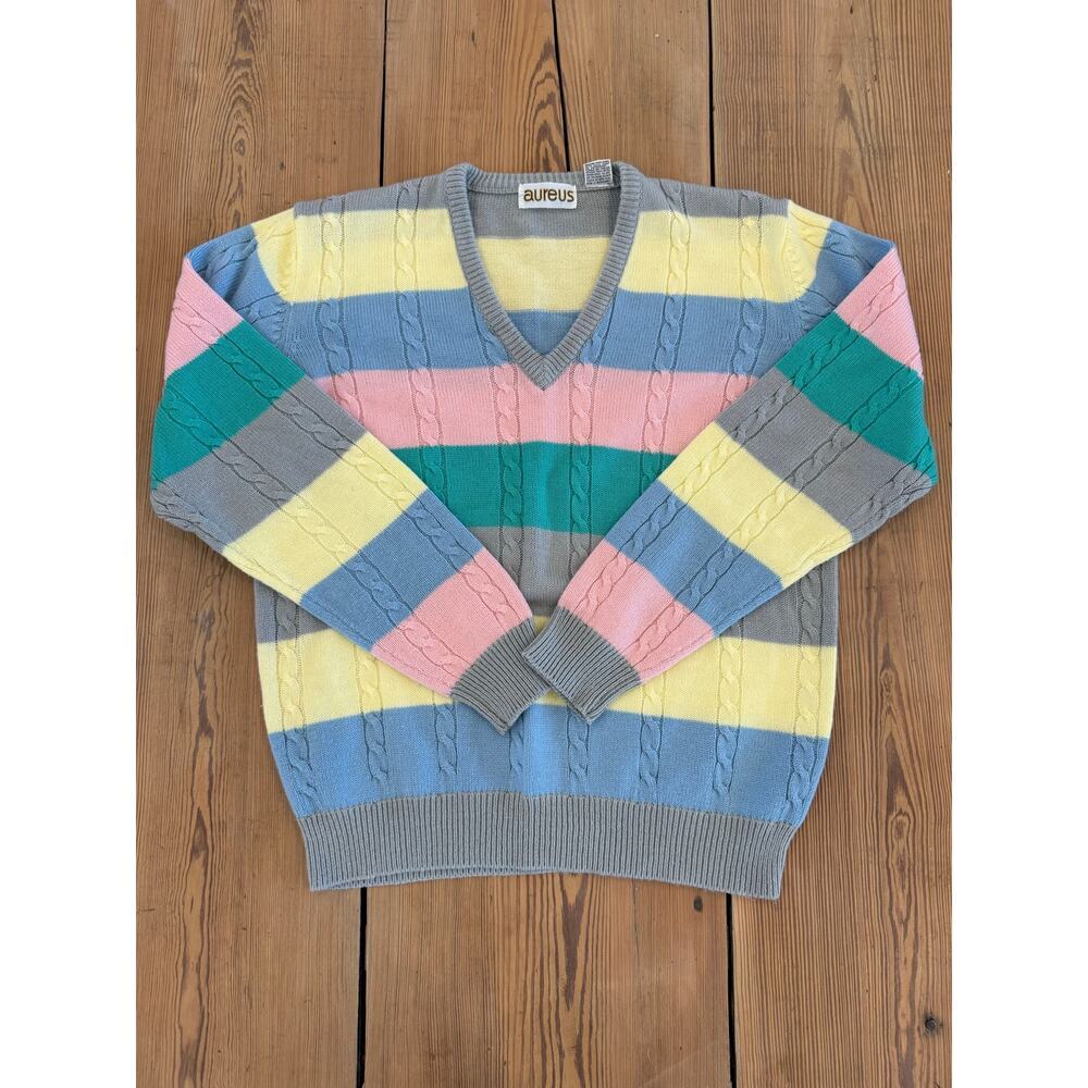 Vintage Sweater V-neck cable-knit Medium Yellow Pink Blue Gray Color Block